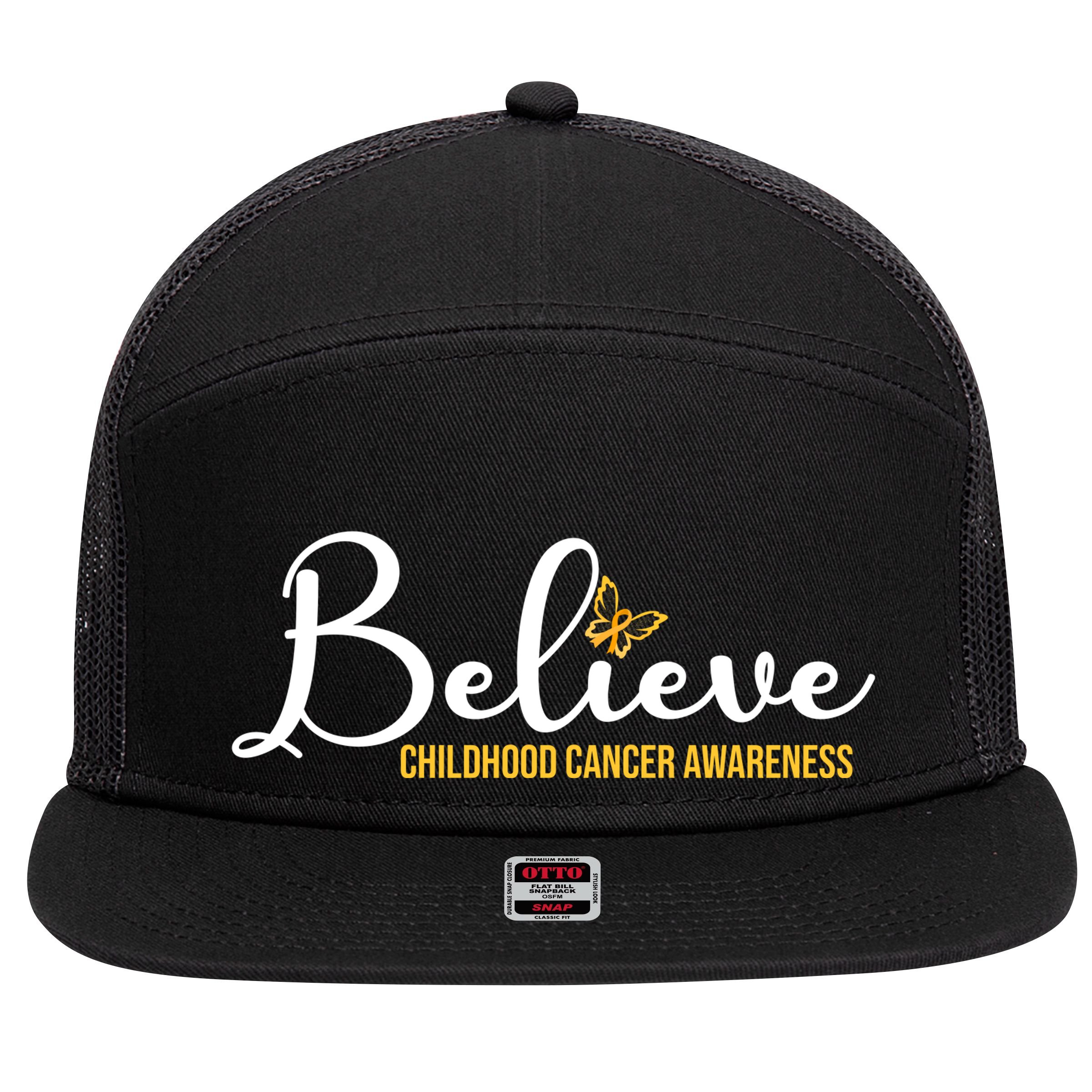 Believe Childhood Cancer Awareness 7 Panel Mesh Trucker Snapback Hat