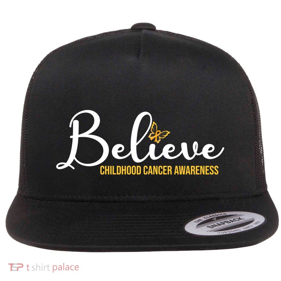 Believe Childhood Cancer Awareness Flat Bill Trucker Hat