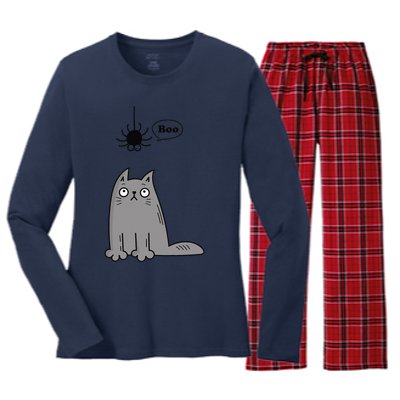 Boo Cute Cat And Spider Halloween Costume For Women Or Women's Long Sleeve Flannel Pajama Set 