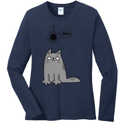 Boo Cute Cat And Spider Halloween Costume For Women Or Ladies Long Sleeve Shirt