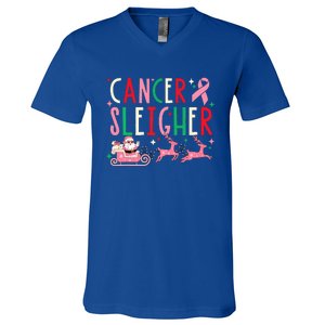 Breast Cancer Christmas Pink Ribbon Santa Sleigh Reindeer  V-Neck T-Shirt