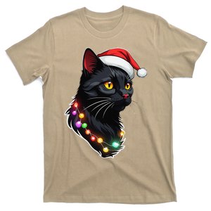 Black Cat Christmas Tree Lights Funny Santa Kitten Led Light T-Shirt