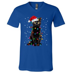 Black Cat Christmas Lights Santa Funny Cat Dad Mom Xmas Gift V-Neck T-Shirt