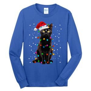 Black Cat Christmas Lights Santa Funny Cat Dad Mom Xmas Gift Tall Long Sleeve T-Shirt