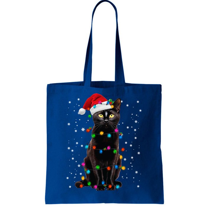 Black Cat Christmas Lights Santa Funny Cat Dad Mom Xmas Gift Tote Bag