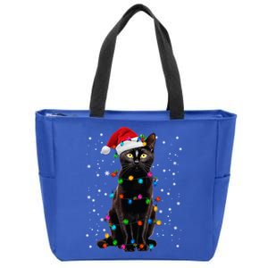 Black Cat Christmas Lights Santa Funny Cat Dad Mom Xmas Gift Zip Tote Bag