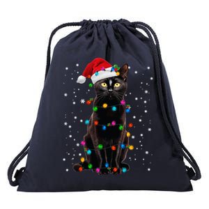 Black Cat Christmas Lights Santa Funny Cat Dad Mom Xmas Gift Drawstring Bag