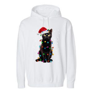 Black Cat Christmas Lights Santa Funny Cat Dad Mom Xmas Gift Garment-Dyed Fleece Hoodie