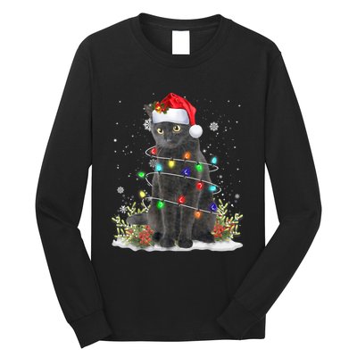 Black Cat Christmas Santa Hat Funny Meowy Cats Long Sleeve Shirt