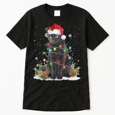 Black Cat Christmas Santa Hat Funny Meowy Cats Tall T-Shirt