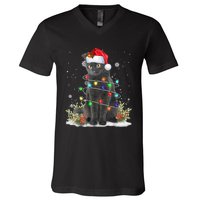 Black Cat Christmas Santa Hat Funny Meowy Cats V-Neck T-Shirt