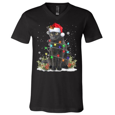 Black Cat Christmas Santa Hat Funny Meowy Cats V-Neck T-Shirt