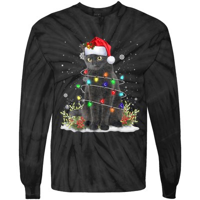 Black Cat Christmas Santa Hat Funny Meowy Cats Tie-Dye Long Sleeve Shirt