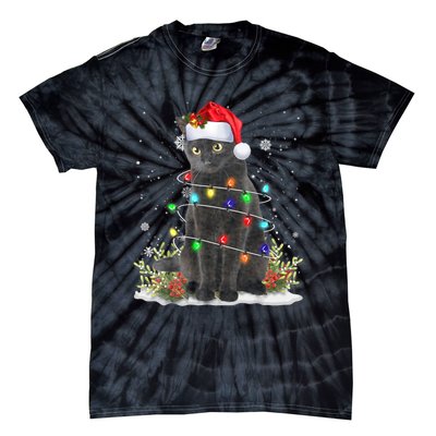 Black Cat Christmas Santa Hat Funny Meowy Cats Tie-Dye T-Shirt