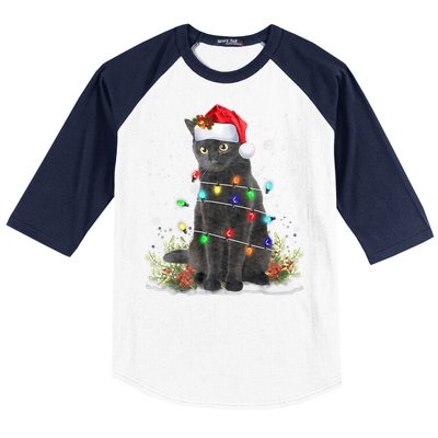 Black Cat Christmas Santa Hat Funny Meowy Cats Baseball Sleeve Shirt