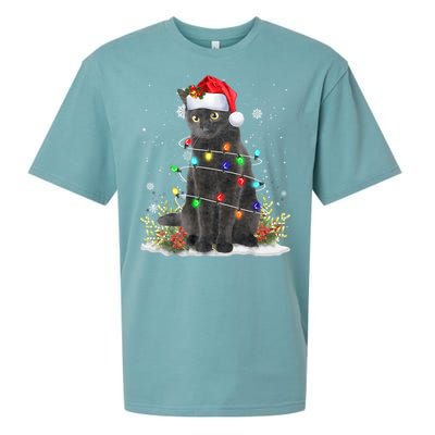 Black Cat Christmas Santa Hat Funny Meowy Cats Sueded Cloud Jersey T-Shirt