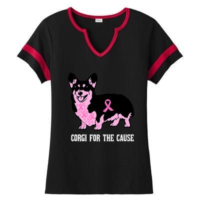 Breast Cancer Corgi For The Cause Pink Ribbon Ladies Halftime Notch Neck Tee