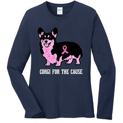 Breast Cancer Corgi For The Cause Pink Ribbon Ladies Long Sleeve Shirt