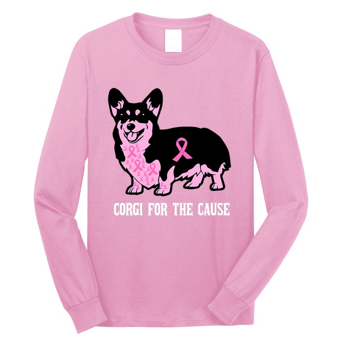 Breast Cancer Corgi For The Cause Pink Ribbon Long Sleeve Shirt