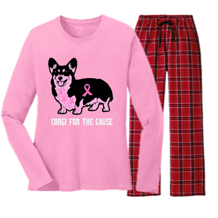 Breast Cancer Corgi For The Cause Pink Ribbon Women's Long Sleeve Flannel Pajama Set 