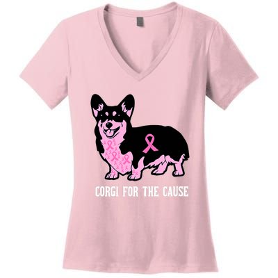 Breast Cancer Corgi For The Cause Pink Ribbon Women's V-Neck T-Shirt