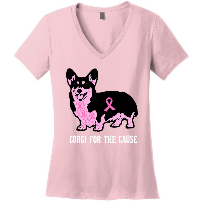 Breast Cancer Corgi For The Cause Pink Ribbon Women's V-Neck T-Shirt