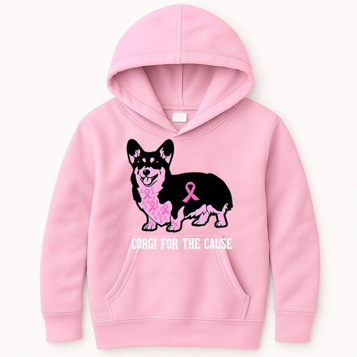 Breast Cancer Corgi For The Cause Pink Ribbon Kids Hoodie