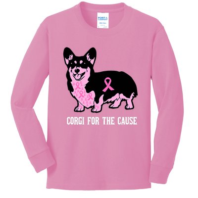 Breast Cancer Corgi For The Cause Pink Ribbon Kids Long Sleeve Shirt