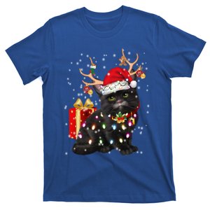 Black Cat Christmas Light Deer Santa Hat Funny Great Gift T-Shirt