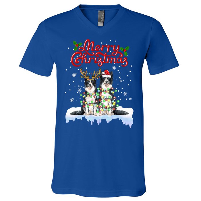 Border Collie Christmas Lights Matching Family Xmas Dog Gift V-Neck T-Shirt