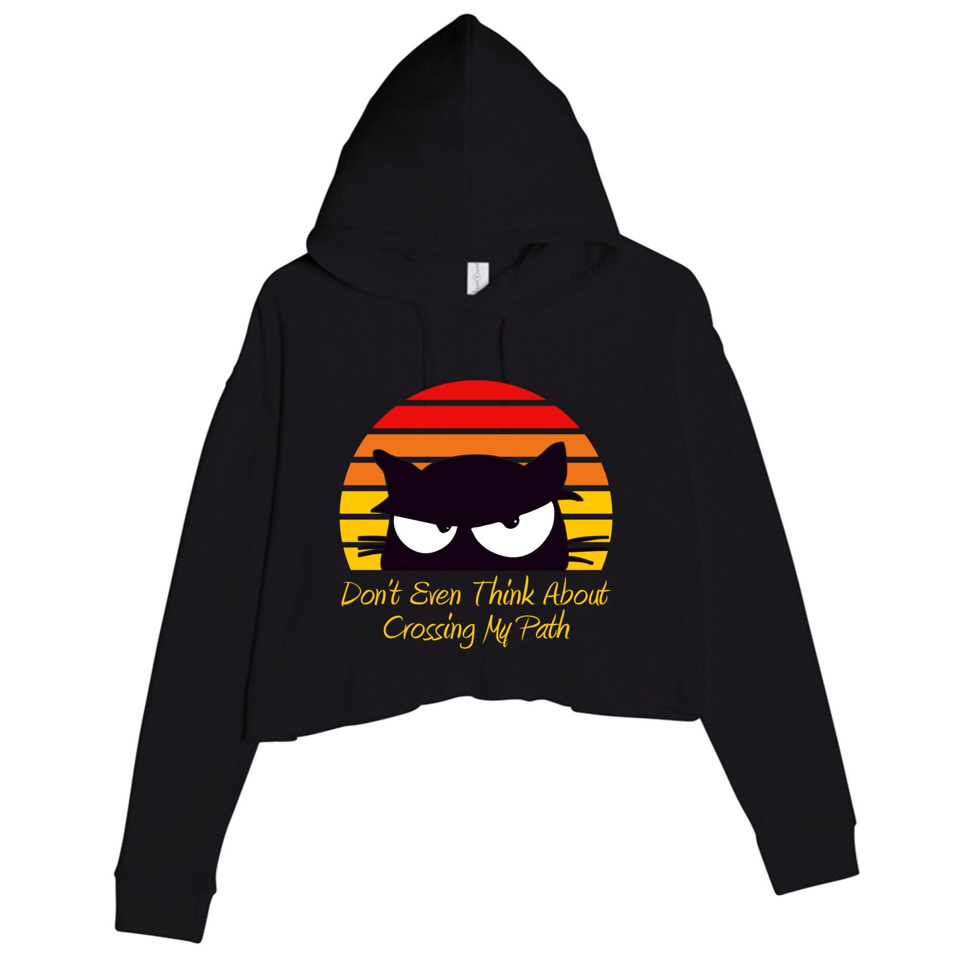 Black Cat Crossing His Path Funny Novelty Gift Crop Fleece Hoodie