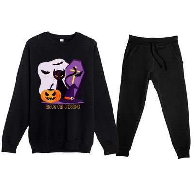 Black Cat Crossing Cool Gift Premium Crewneck Sweatsuit Set