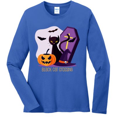 Black Cat Crossing Cool Gift Ladies Long Sleeve Shirt