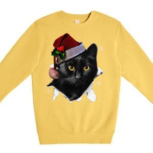 Black Cat Christmas Santa Hat Funny Cat Lover Christmas Premium Crewneck Sweatshirt