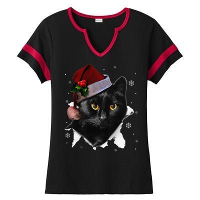 Black Cat Christmas Santa Hat Funny Cat Lover Christmas Ladies Halftime Notch Neck Tee