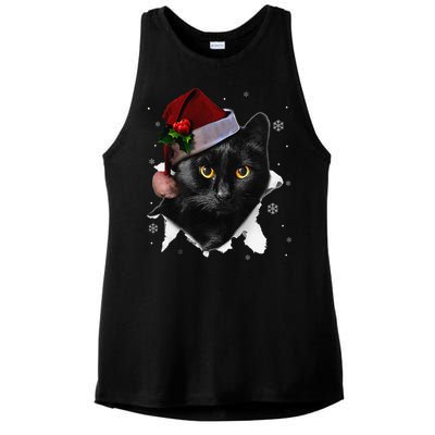 Black Cat Christmas Santa Hat Funny Cat Lover Christmas Ladies PosiCharge Tri-Blend Wicking Tank