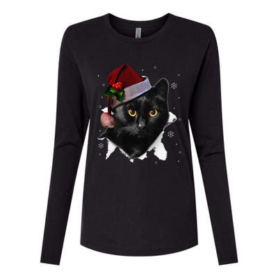 Black Cat Christmas Santa Hat Funny Cat Lover Christmas Womens Cotton Relaxed Long Sleeve T-Shirt