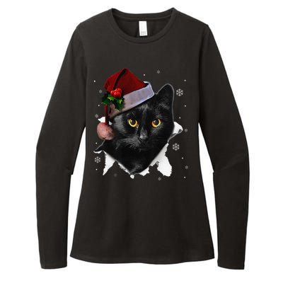 Black Cat Christmas Santa Hat Funny Cat Lover Christmas Womens CVC Long Sleeve Shirt