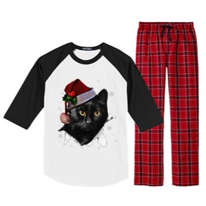 Black Cat Christmas Santa Hat Funny Cat Lover Christmas Raglan Sleeve Pajama Set