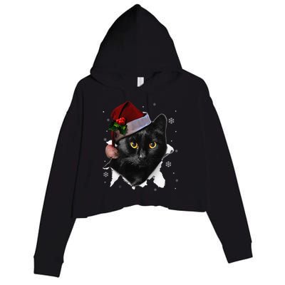 Black Cat Christmas Santa Hat Funny Cat Lover Christmas Crop Fleece Hoodie