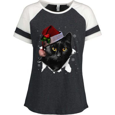 Black Cat Christmas Santa Hat Funny Cat Lover Christmas Enza Ladies Jersey Colorblock Tee