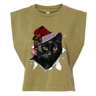 Black Cat Christmas Santa Hat Funny Cat Lover Christmas Garment-Dyed Women's Muscle Tee