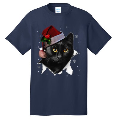 Black Cat Christmas Santa Hat Funny Cat Lover Christmas Tall T-Shirt