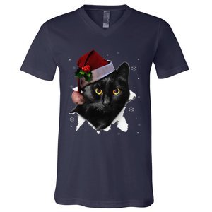 Black Cat Christmas Santa Hat Funny Cat Lover Christmas V-Neck T-Shirt