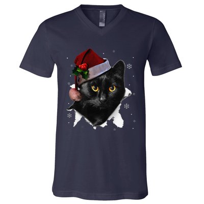 Black Cat Christmas Santa Hat Funny Cat Lover Christmas V-Neck T-Shirt