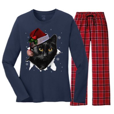 Black Cat Christmas Santa Hat Funny Cat Lover Christmas Women's Long Sleeve Flannel Pajama Set 