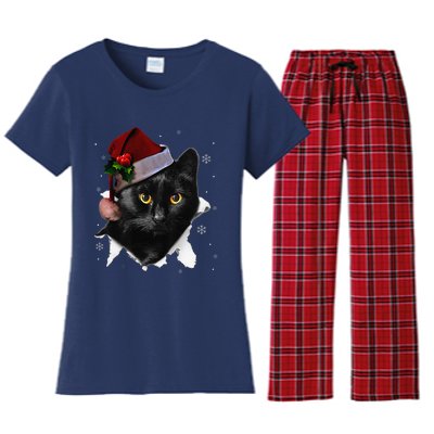 Black Cat Christmas Santa Hat Funny Cat Lover Christmas Women's Flannel Pajama Set