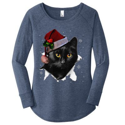 Black Cat Christmas Santa Hat Funny Cat Lover Christmas Women's Perfect Tri Tunic Long Sleeve Shirt