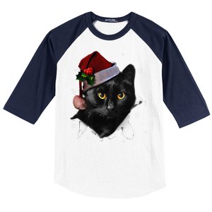 Black Cat Christmas Santa Hat Funny Cat Lover Christmas Baseball Sleeve Shirt