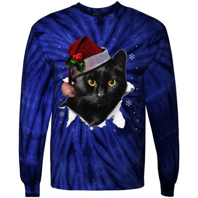 Black Cat Christmas Santa Hat Funny Cat Lover Christmas Tie-Dye Long Sleeve Shirt